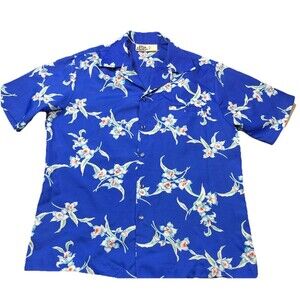 Vintage Hilo Hattie Hawaiian Aloha Shirt‎ Blue Floral Tropical Made in Hawaii